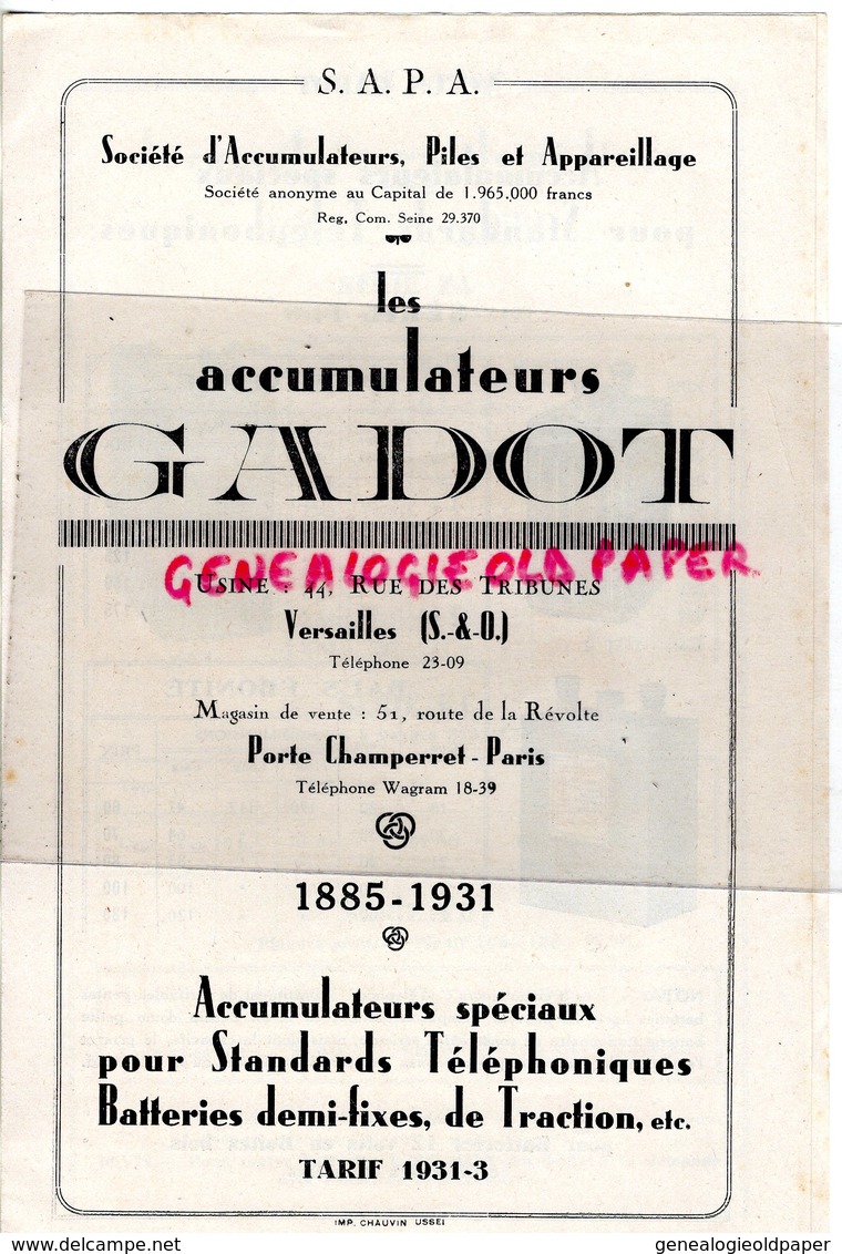 78- VERSAILLES- LES ACCUMULATEURS GADOT- S.A.P.A.-44 RUE DES TRIBUNES- PORTE CHAMPERET PARIS-TARIF 1931 - Automobil