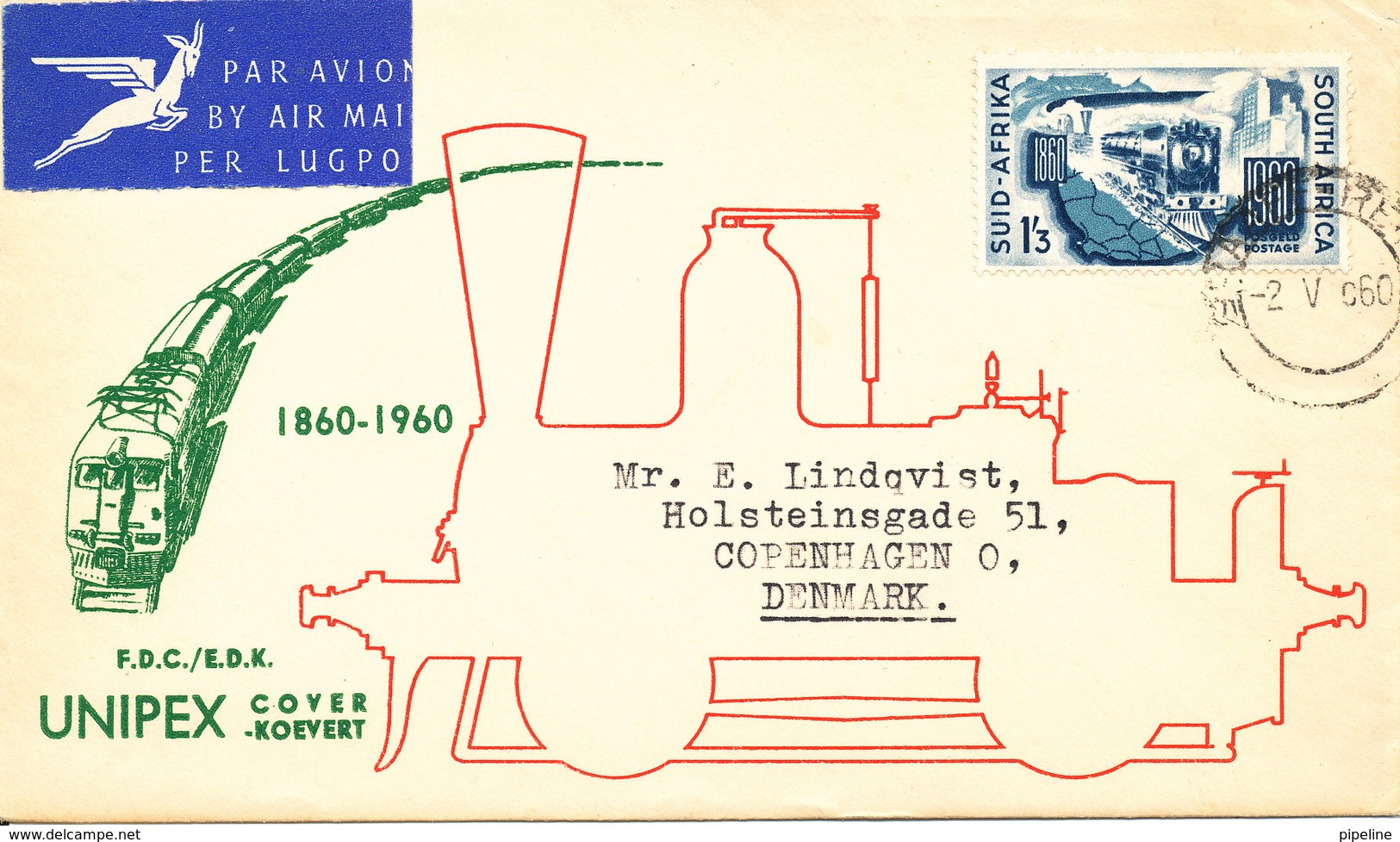 South Africa FDC 2-5-1960 Railway UNIPEX With Nice Cachet And Sent To Denmark - FDC