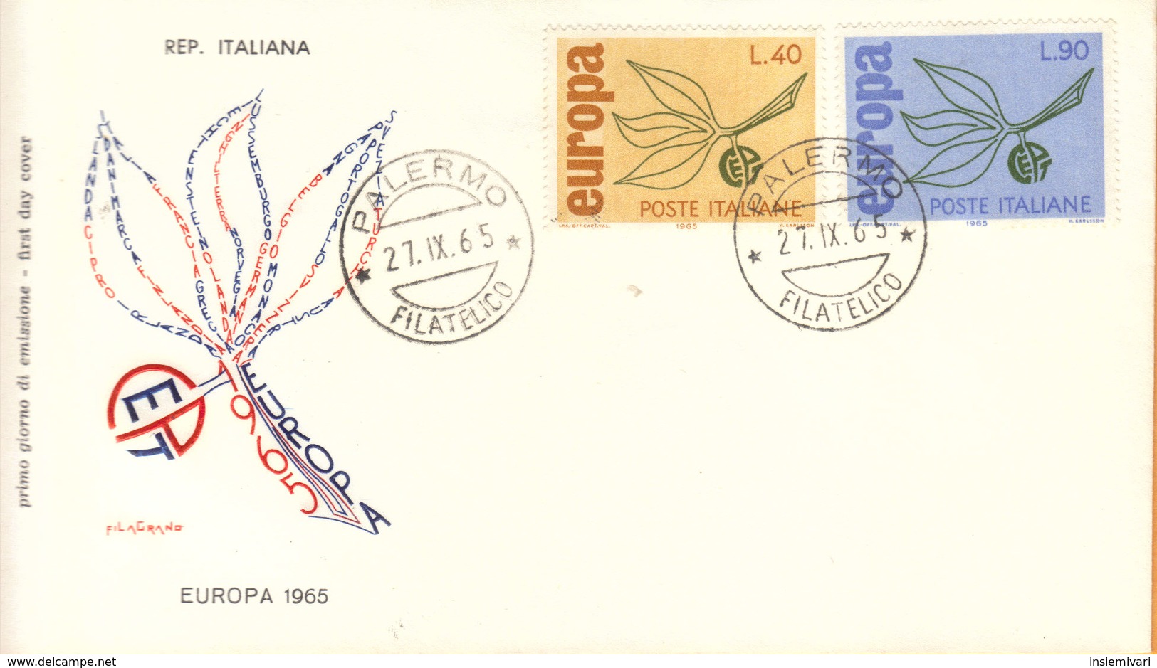 FDC ITALIA 1965 EUROPA CEPT BUSTA FILIGRANO ANNULLO PALERMO. - FDC