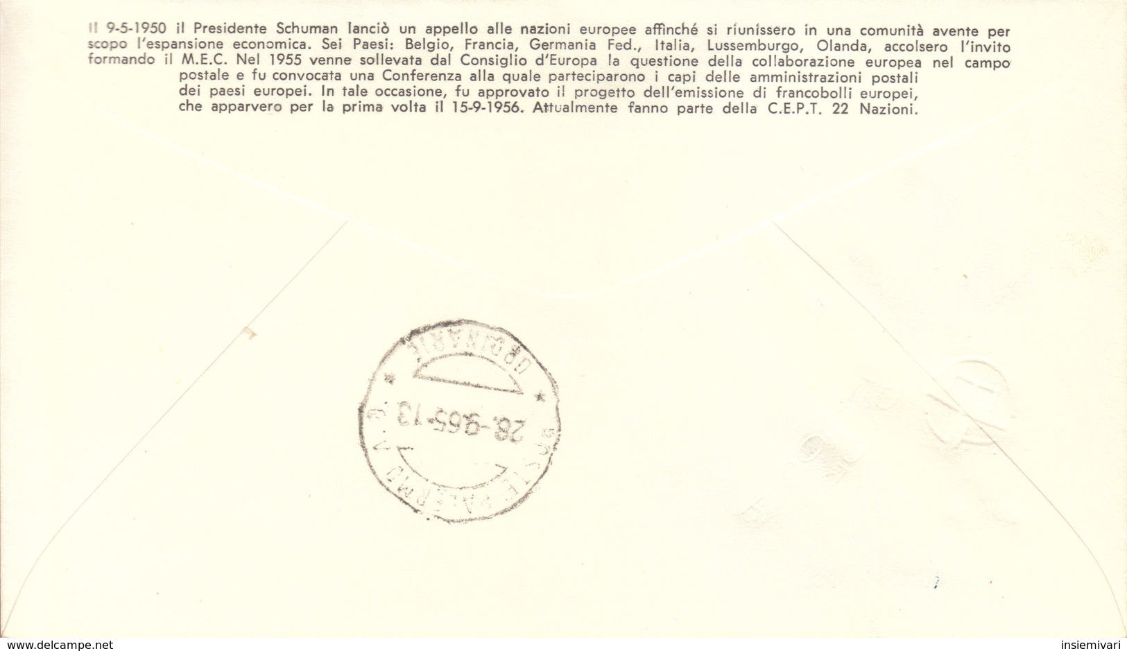 FDC ITALIA 1965 EUROPA CEPT BUSTA FILIGRANO ANNULLO PALERMO. - FDC