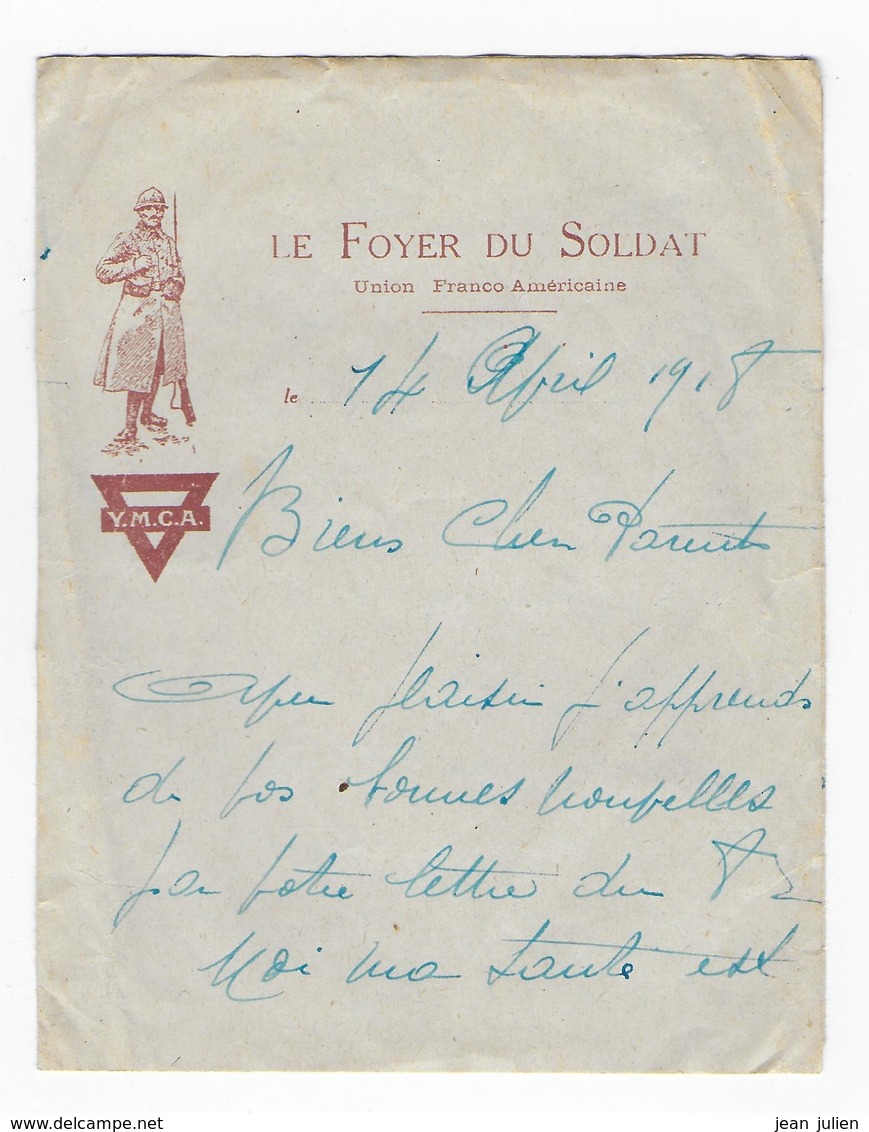 LETTRE -  Y.M.C.A. - LE FOYER DU SOLDAT - Union Franco Americaine  - 1918 - 1914-18