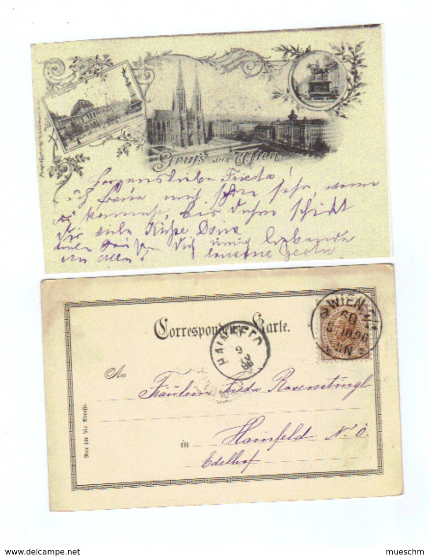 Österreich, 1896, AK "Gruss Aus Wien", Frank.mit 2Kr/Kaiser Franz Josef (MiNr.51), Stempel Wien Und Hainfeld (11414E) - Sonstige & Ohne Zuordnung