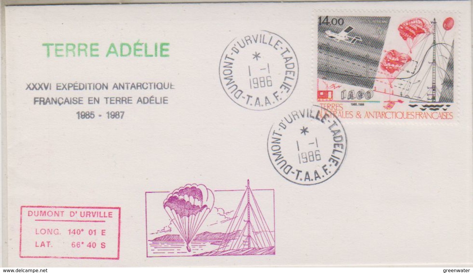 TAAF 1986 IAGO 1v  FDC Ca Dumont D'Urville Terre Adelie (32317C) - FDC