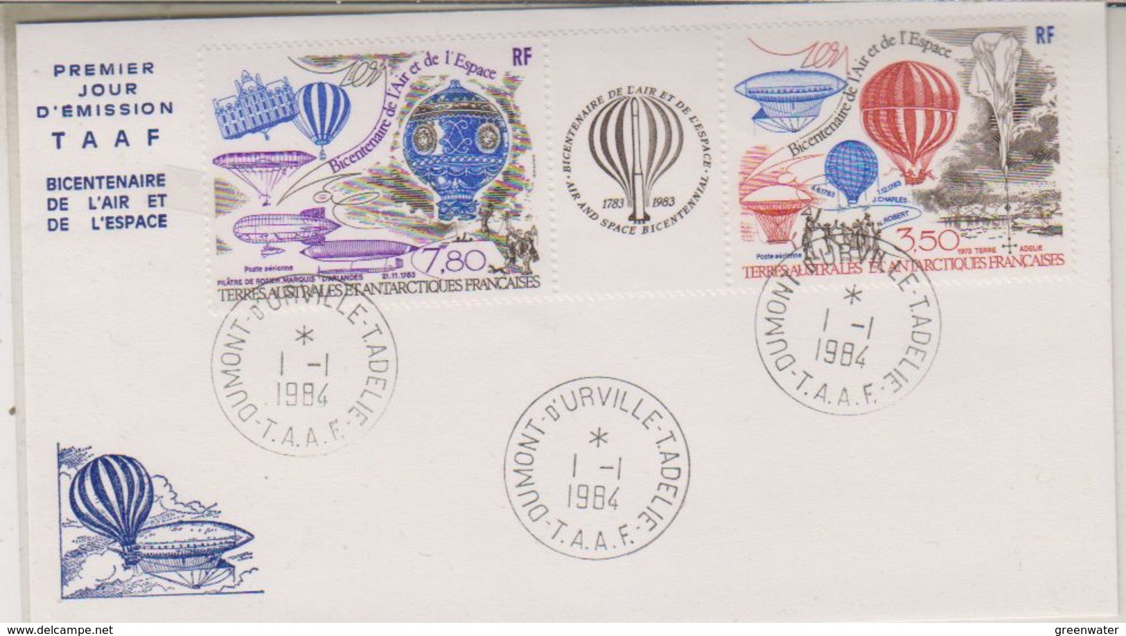 TAAF 1984 Bicentenaire De L'Air Et De L'Espace / Balloons 2v +label FDC Ca Dumont D'Urville Terre Adelie (39618) - FDC