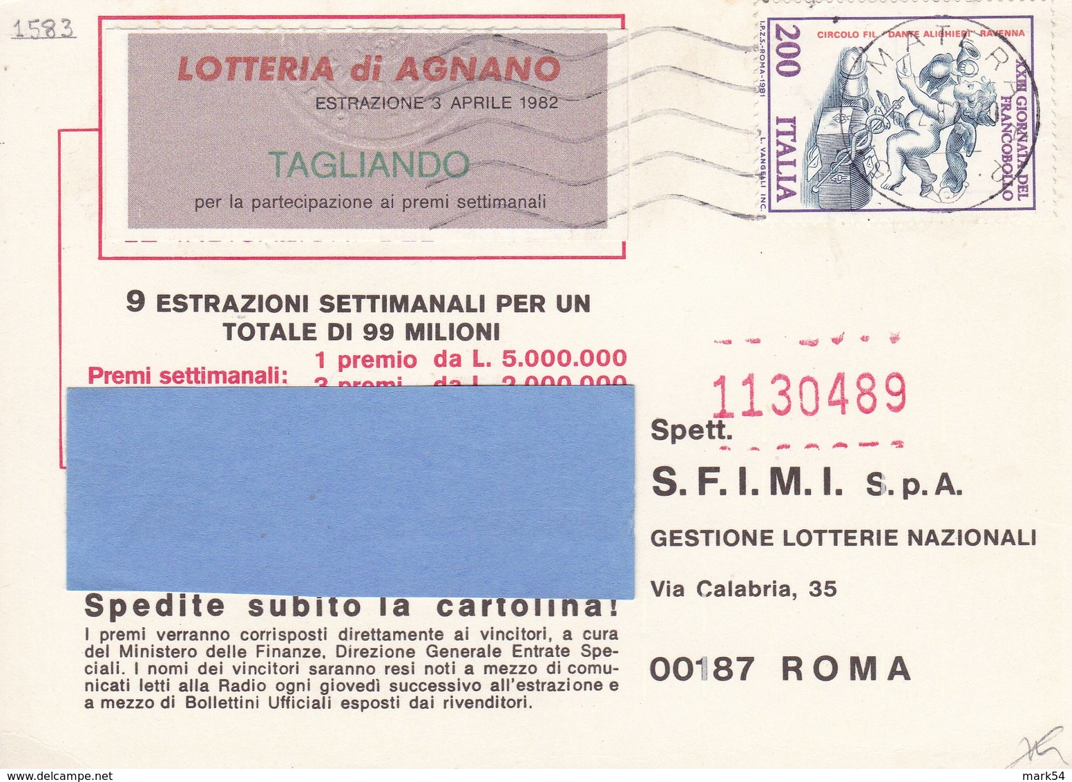 Sassone 1583 XXIII Giornata Del Francobollo Isolato Su Cartolina Concorso - 1981-90: Marcophilie