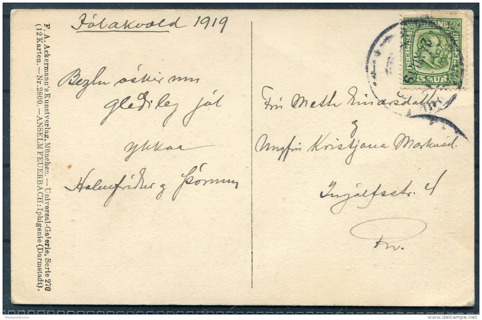 1919 Iceland Feuerbach Painting Postcard 5 Ore Local Useage - Brieven En Documenten