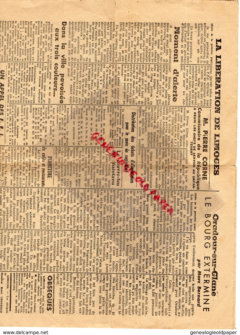 87- ORADOUR SUR GLANE- LE BOURG EXTERMINE-BERNARD MARC-LE CENTRE LIBRE -N° 1-JEUDI 24 -8-1944-LIBERATION LIMOGES FFI - Documents Historiques