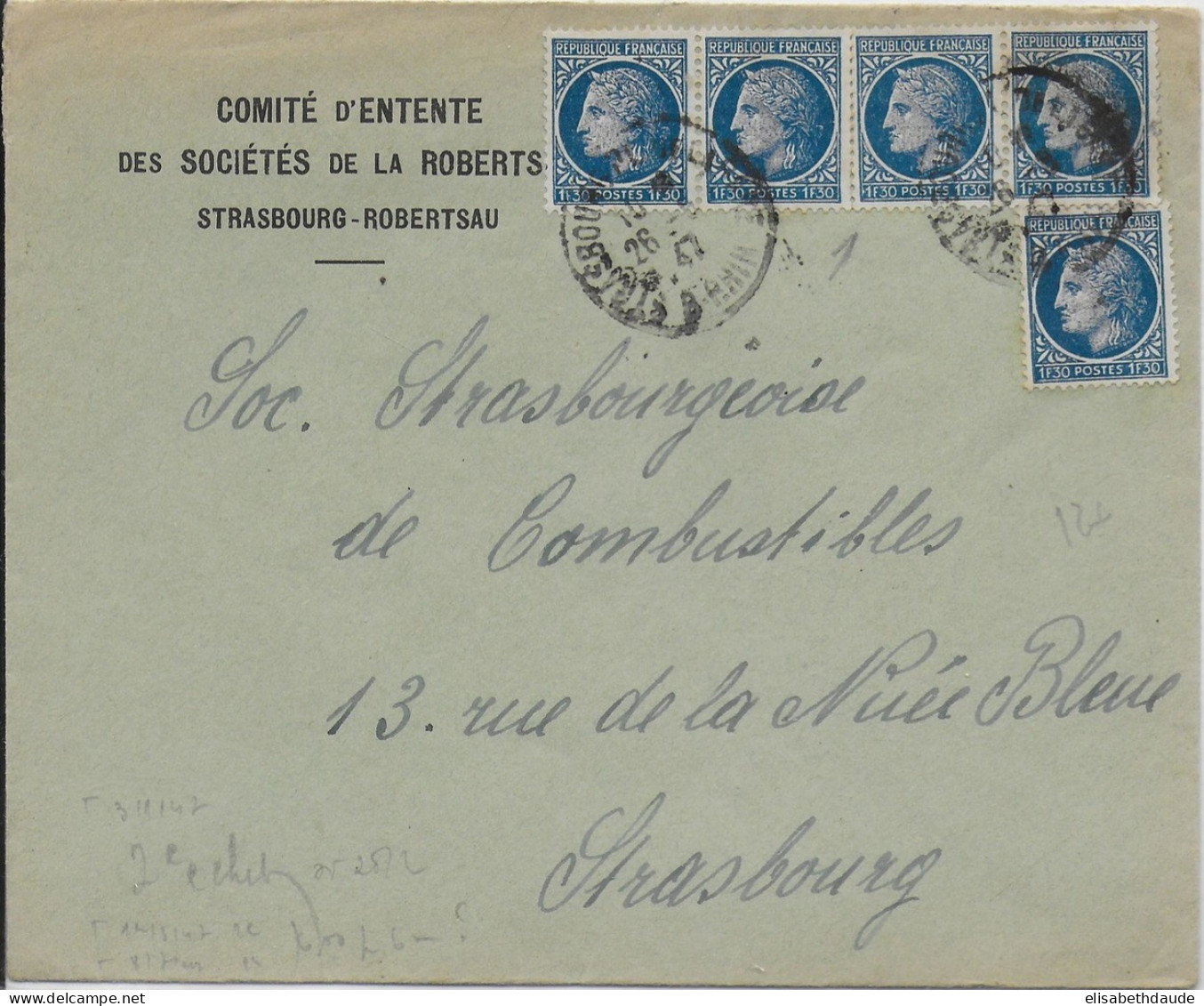 1947 - MAZELIN - ENVELOPPE LOCALE De STRASBOURG - 1945-47 Ceres Of Mazelin