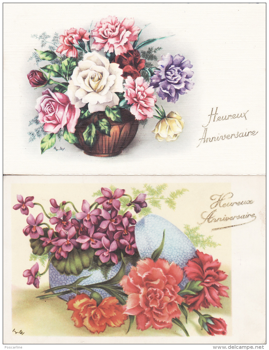 Gougeon,  Anniversaire, 2 Cartes, Oeillets,violettes, Roses,  2 Scans - Cumpleaños