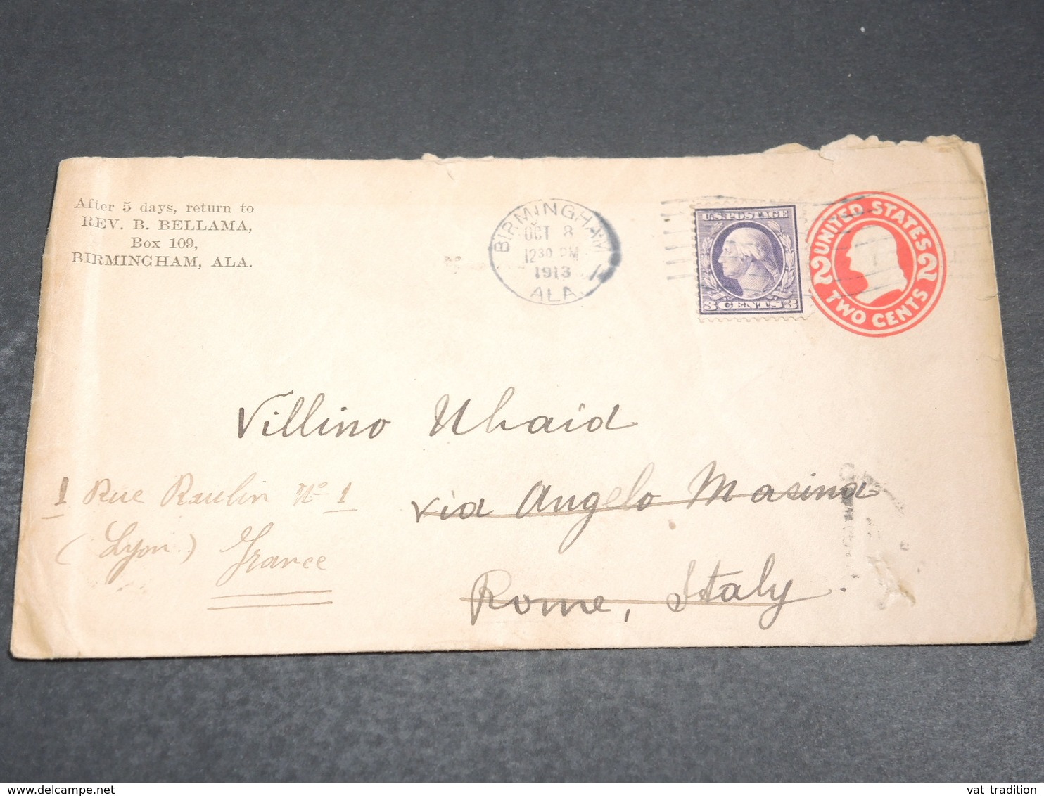 ETATS UNIS - Entier Postal + Complément De Birmingham Pour L 'Italie , Redirigé Vers La France En 1913 - L 20141 - 1901-20