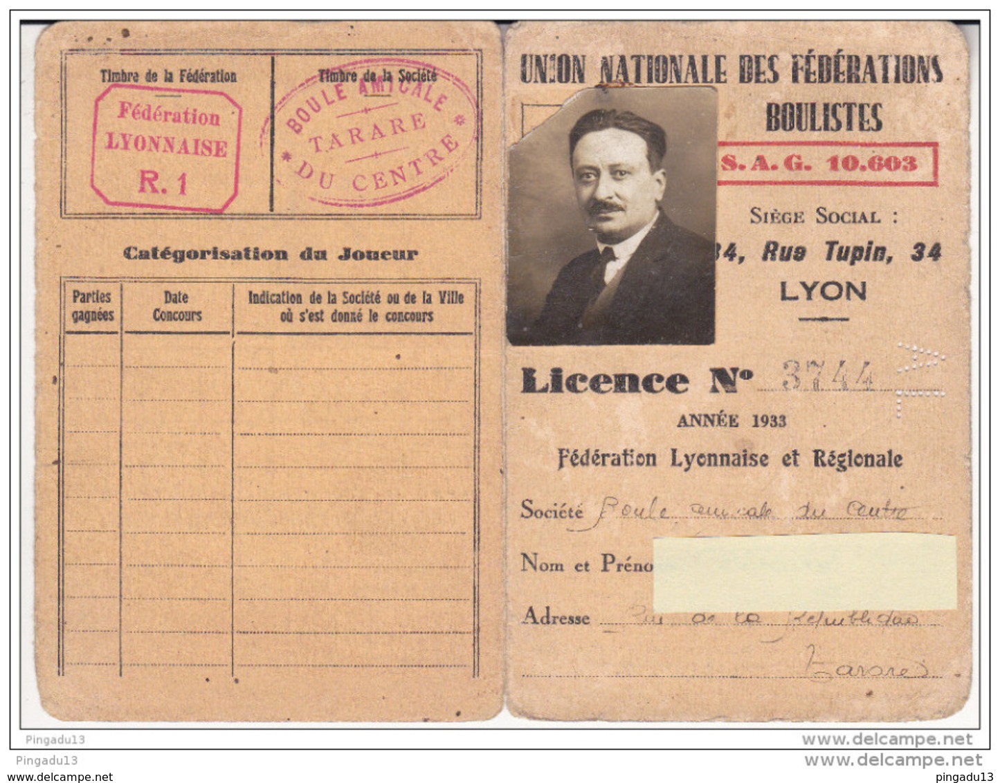 Au Plus Rapide Licence 1933 Union Nationale Fédérations Boulistes Boule Lyonnaise Boule Amicale Du Centre Tarare - Pétanque