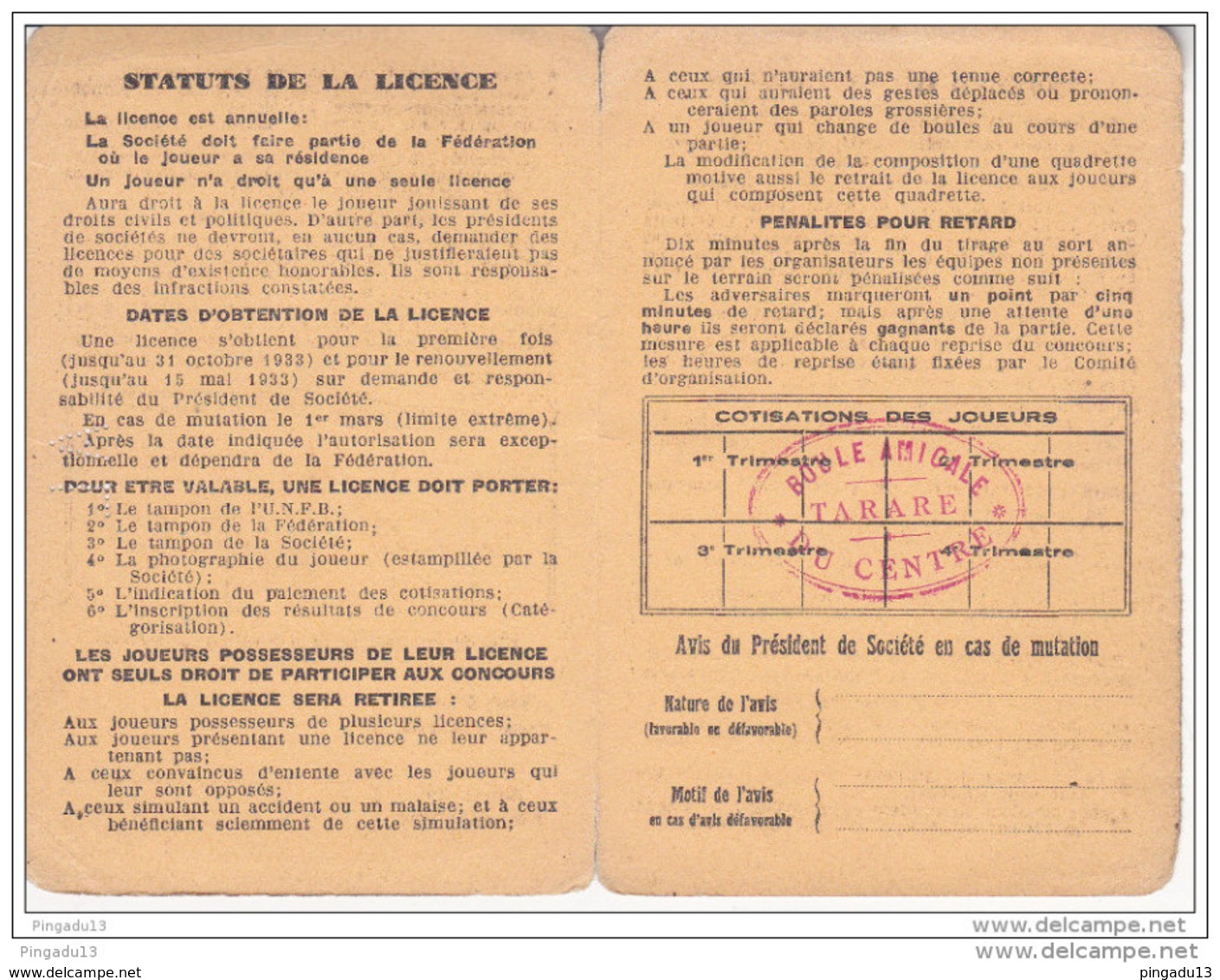 Au Plus Rapide Licence 1933 Union Nationale Fédérations Boulistes Boule Lyonnaise Boule Amicale Du Centre Tarare - Pétanque