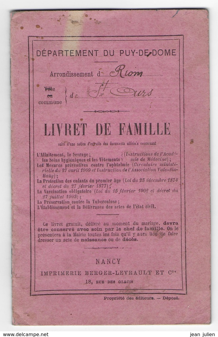 63 - SAINT OURS LES ROCHES  - Livret De Famille - 1912 - Familles BARBECOT Et BESSERVE - Documents Historiques