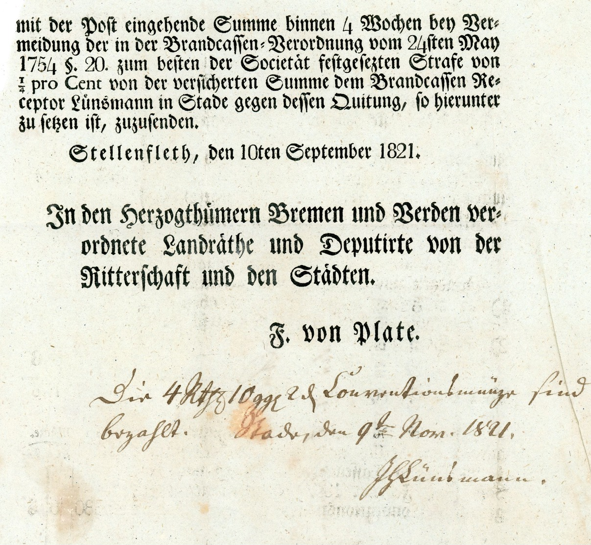 "STADE" L 1 Brief Aus Stellenfleth 1821 Gedruckte Rechnung Brandkasse - Vorphilatelie