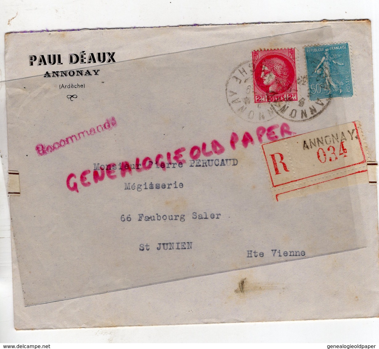 07- ANNONAY- ENVELOPPE RECOMMANDEE 034- 1939- PAUL DEAUX- PIERRE PERUCAUD MEGISSERIE SAINT JUNIEN - Guerre De 1939-45