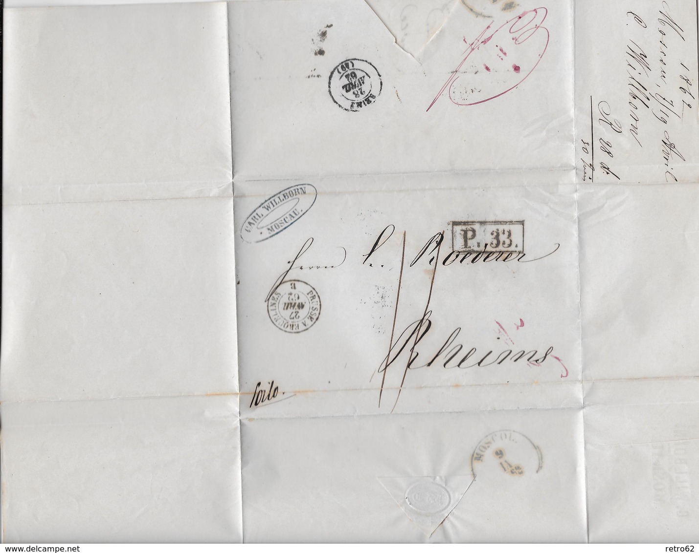 Russia-1862 Moscow Post Office 33 Railway Cover To France Postage Due Manus 11 - Lettres & Documents