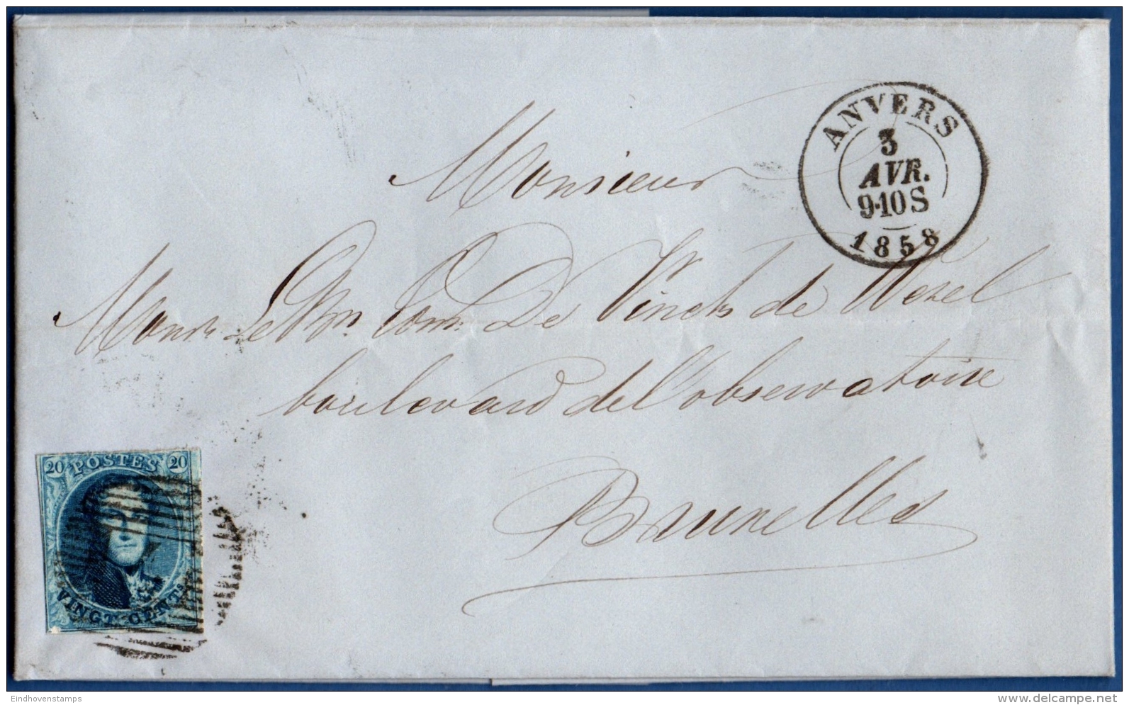 Belgium, 1851  20c Leopold Medaillon Imperf  WM.on Letter From Anvers, 3 Avr 1858 To Brussels, Mailman Chop 14 - 1849-1865 Médaillons (Autres)