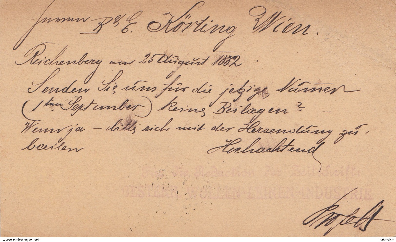 BÖHMEN 1882 - 2 Kreuzer Ganzsache Auf Pk Gel.v. Reichenberg > Wien - Briefe U. Dokumente