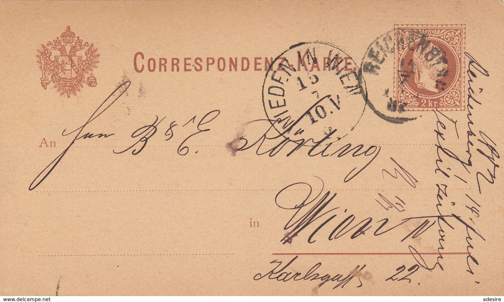 BÖHMEN 1882 - 2 Kreuzer Ganzsache Auf Pk Gel.v. Reichenberg > Wieden In Wien - Briefe U. Dokumente