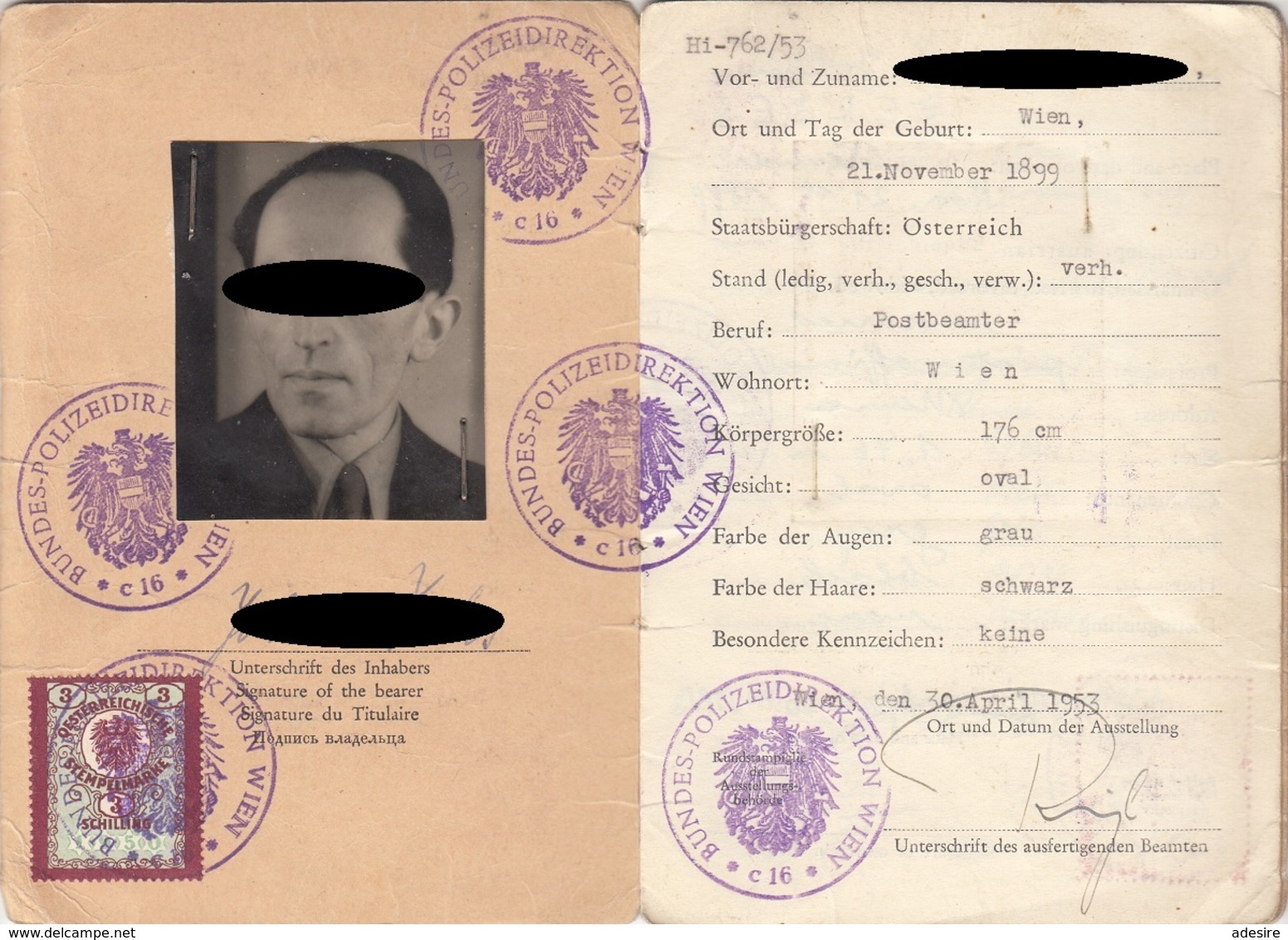 ÖSTERREICH IDENTITÄTSAUSWEIS Ausgestellt 1953 - Historische Dokumente