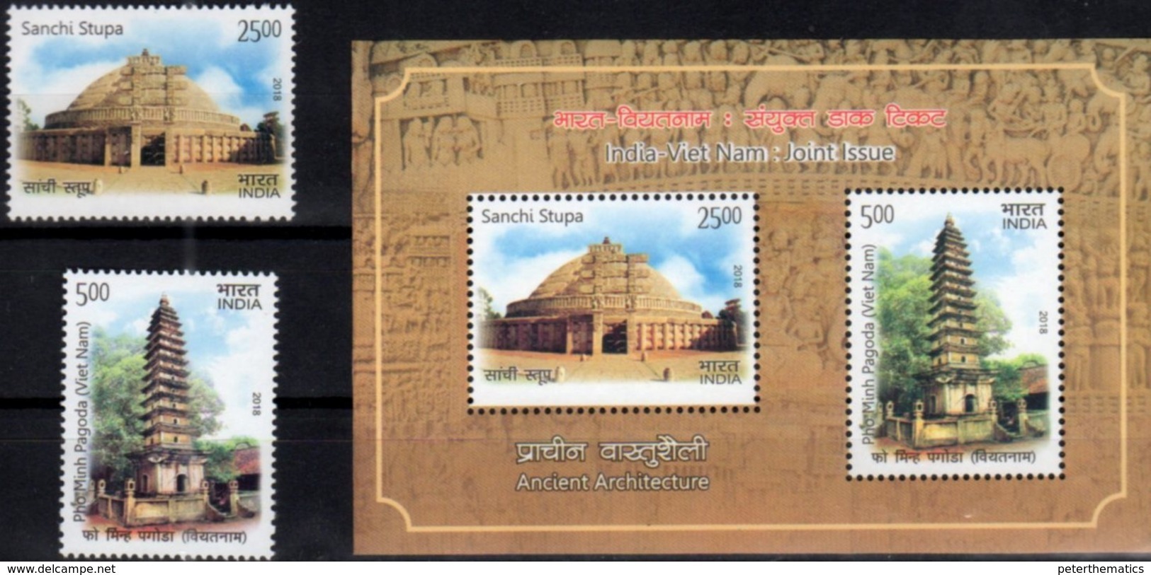 INDIA, 2018, MNH, JOINT ISSUE WITH VIETNAM, ARCHITECTURE, STUPAS, PAGODAS, 2v+S/SHEET - Joint Issues