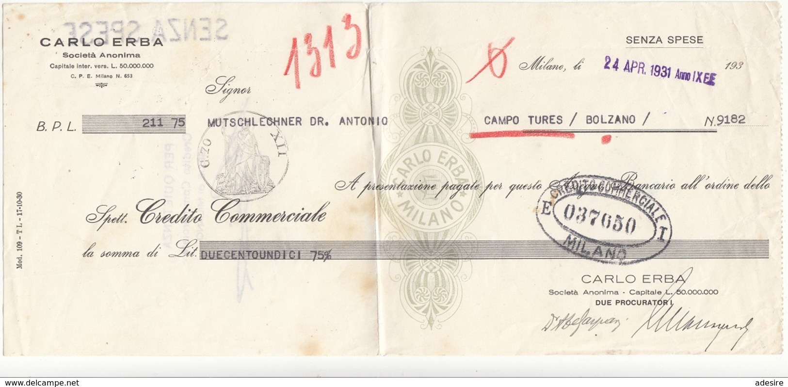 ITALIEN 1931 - Spesenrechnung? Bank Stempel CREDIT COM.MILANO - Steuermarken