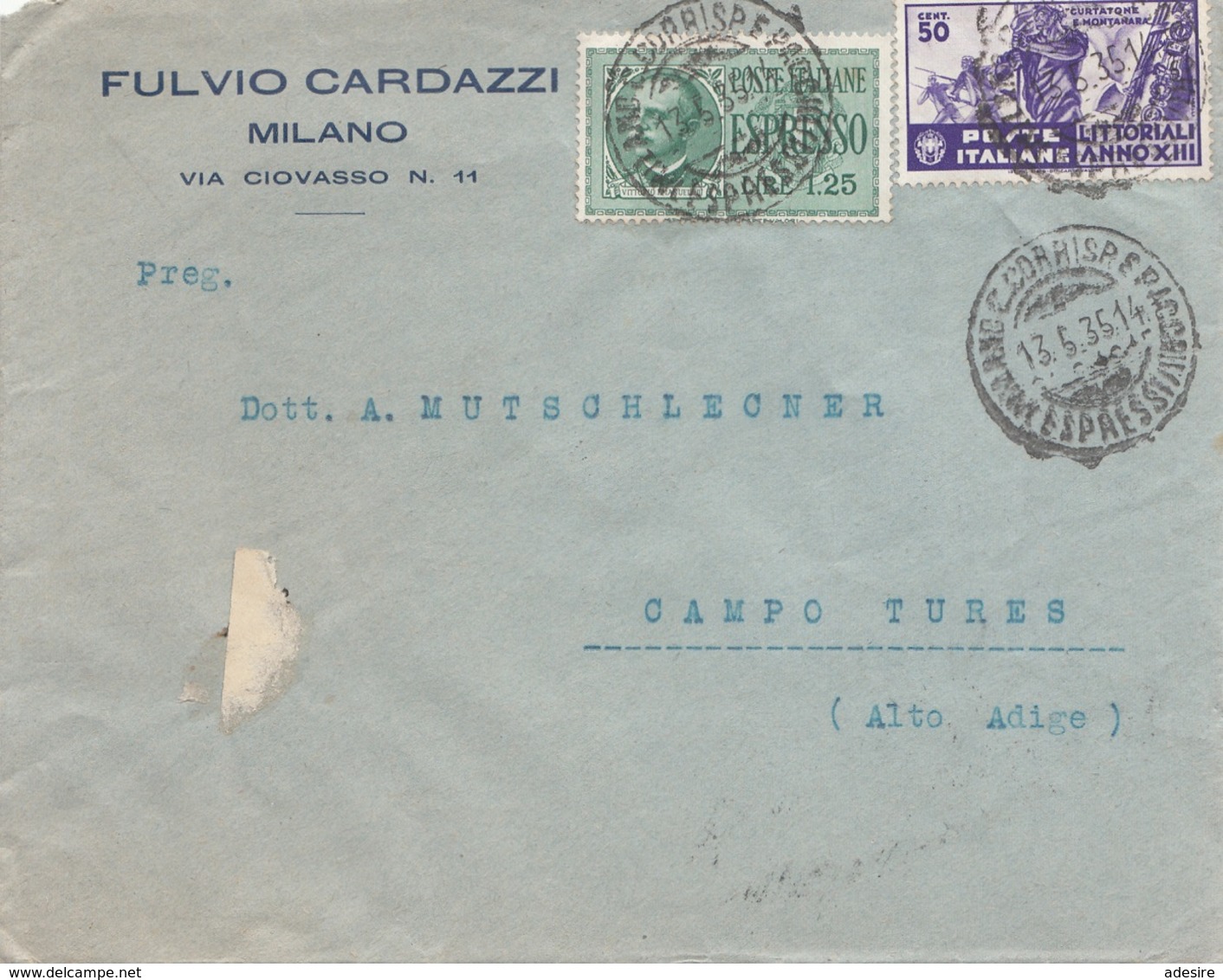 ITALIEN 1935 - 50 C + 1,25 L Espresso Auf Firmenbrief MILANO > CAMPO TURES - Eilsendung (Eilpost)