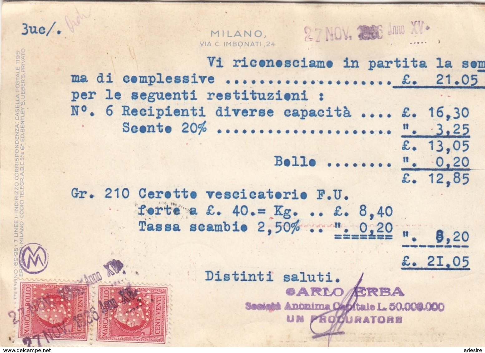 ITALIEN 1936 - 0,30 Stempel + 2xVentiCent Auf Pk Gel.v. Milano > Tures - BM Für Werbepost (BLP)