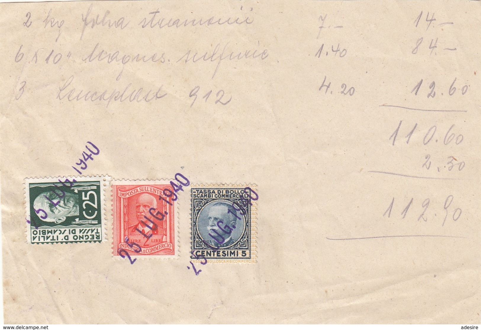 ITALIEN 1940 - 5 + 25 C + 2 L Auf Briefstück - Impuestos