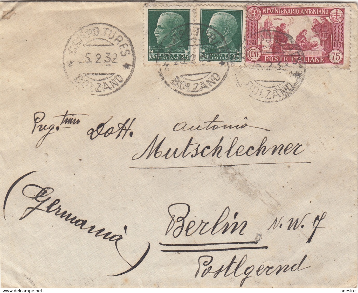 ITALIEN 1932 - 2x25 C + 75 C Auf Brief Bolzano > Berlin - Eilsendung (Eilpost)