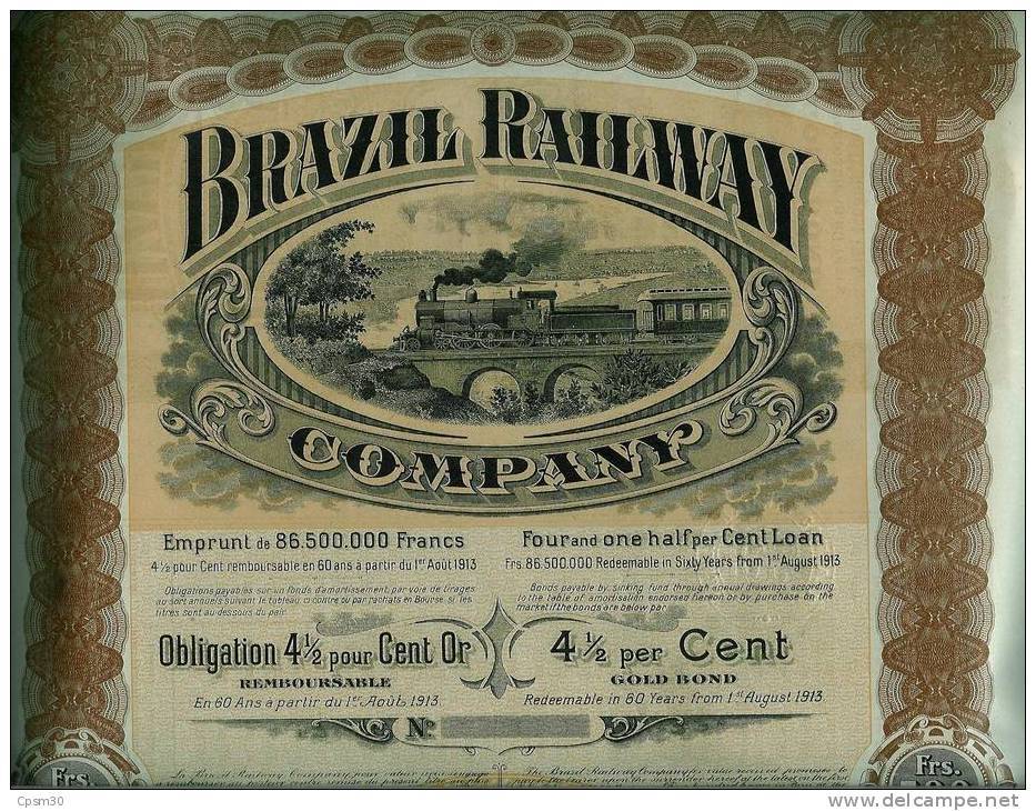 Obligation De BRAZIL RAILWAY Compagny (chemin De Fer - Trains) 1er Aout 1913 - Chemin De Fer & Tramway