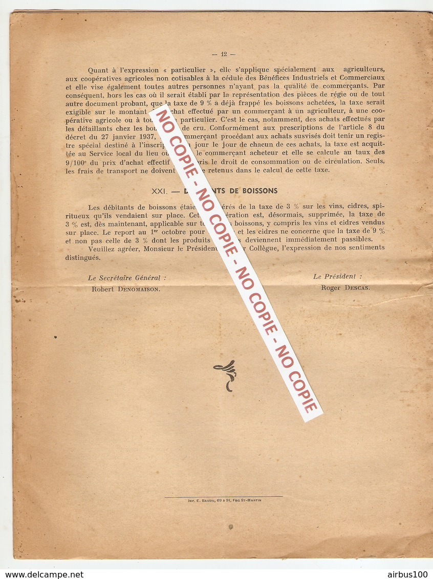 14 JANVIER 1942 RÉUNION TAXES SYNDICAT NATIONAL DU COMMERCE EN GROS DES VINS CIDRES SPIRITUEUX LIQUEURS DE FRANCE - Unclassified