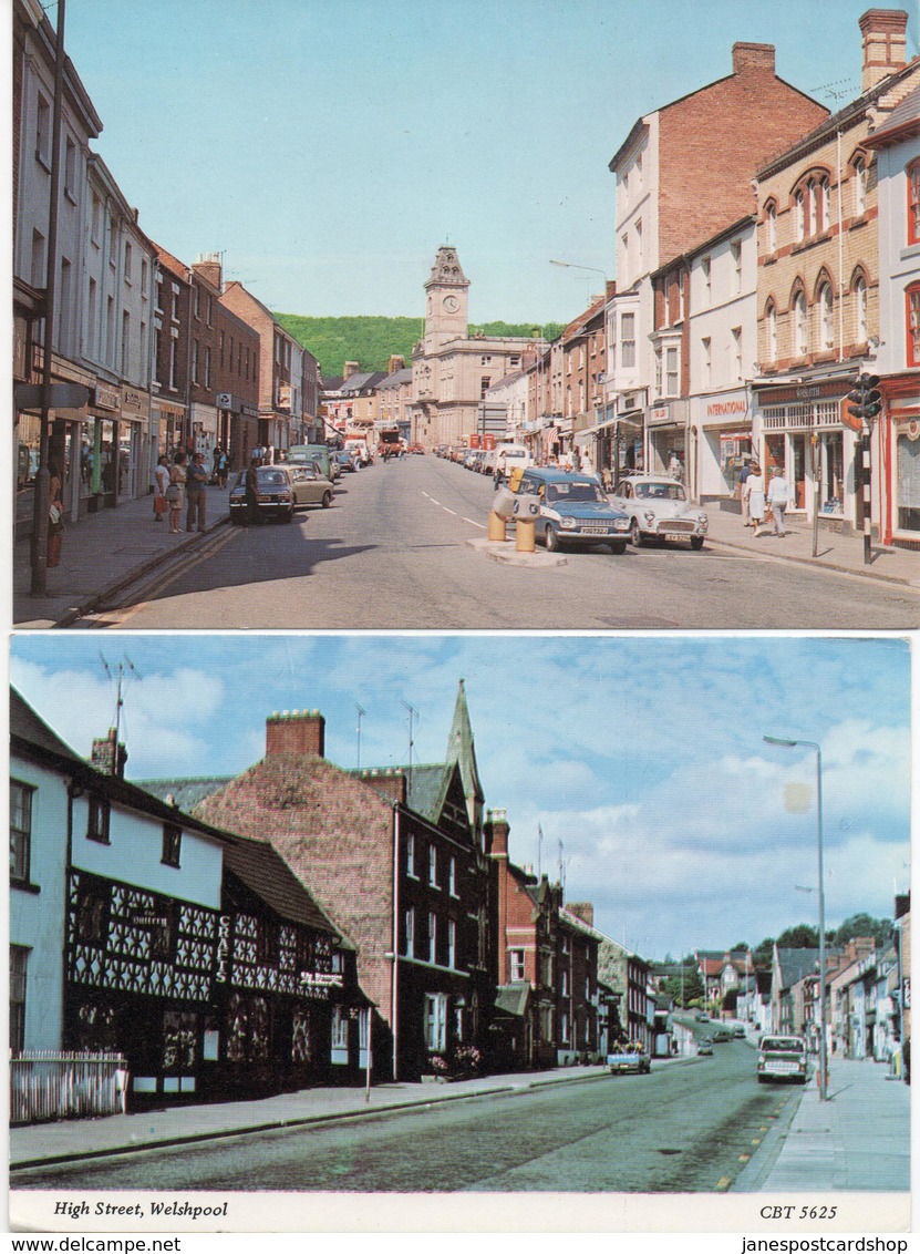TWO WELSHPOOL POSTCARDS HIGH STREET AND BROAD STREET - 1970's Showing MORRIS MINOR - BEDFORD VAN ETC - Montgomeryshire