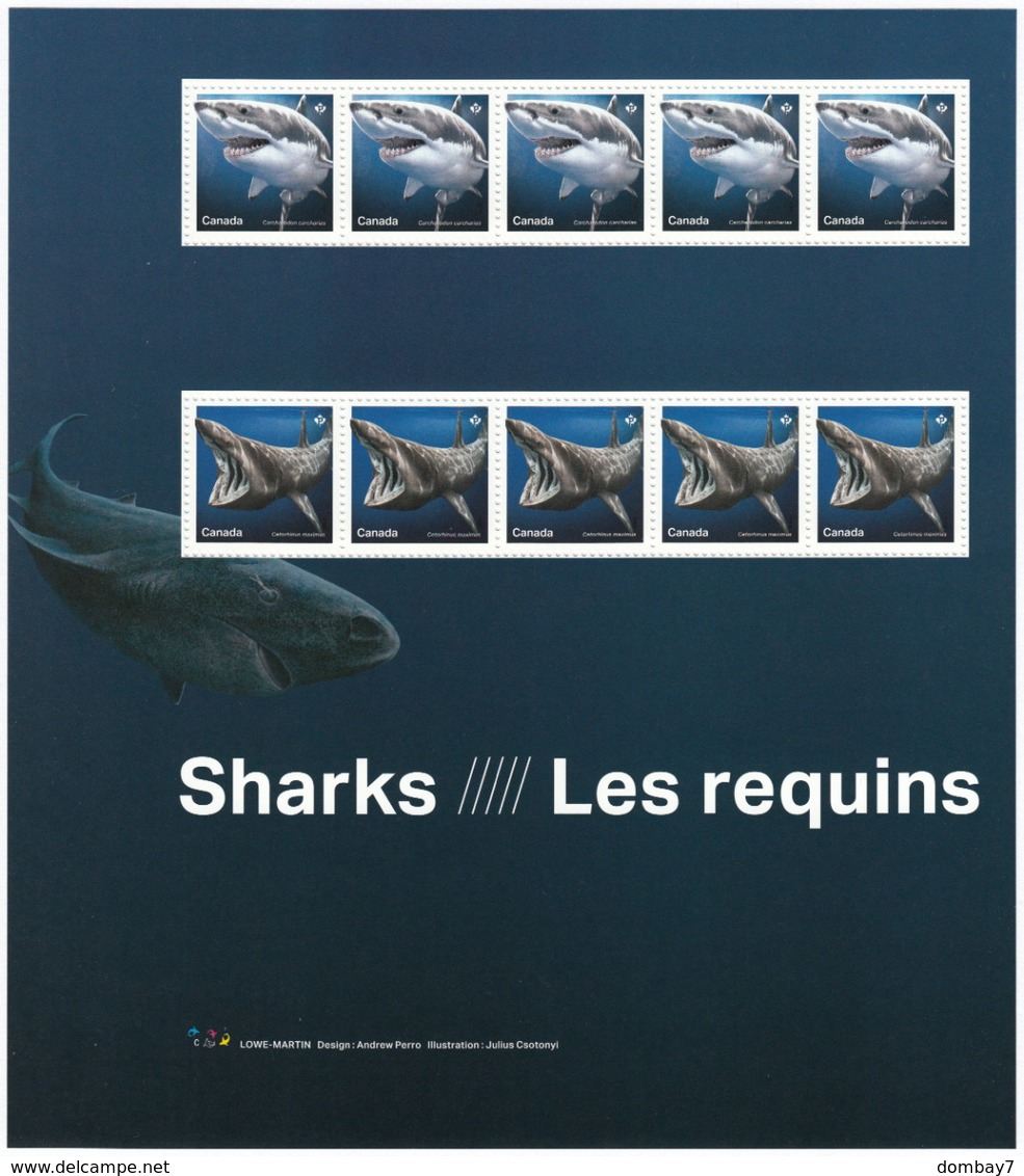 = SHARKS  = Hai = HAIFISCH = REQUIN = Tiburón = SQUALO =  2 LARGE CUTS From Uncut Sheet With All 5 Strips Canada 2018 - Vie Marine