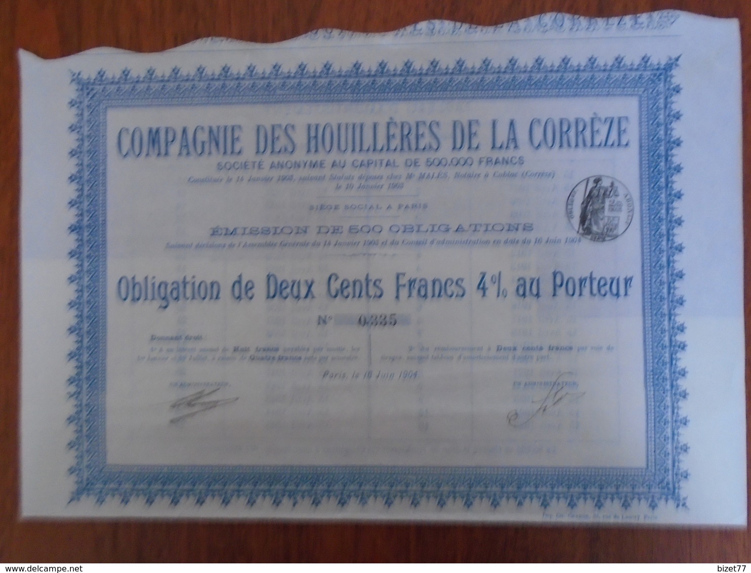 CIE HOUILLERE DE LA CORREZE / OBLIGATION 200 FRS 4% / PARIS 1904 / EMMISSION 500 OBLIGATIONS - Altri & Non Classificati