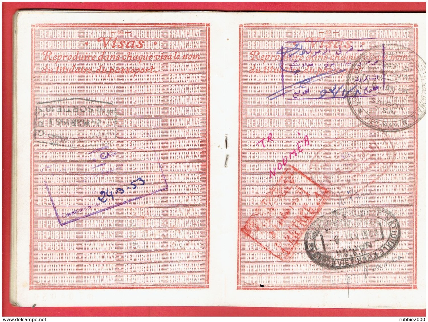 PASSEPORT FRANCAIS 1951 USA GUYANE LIBAN AUSTRALIE NOUMEA NOUVELLE CALEDONIE VIET NAM FIDJI OCEANIE PAPEETE SINGAPORE