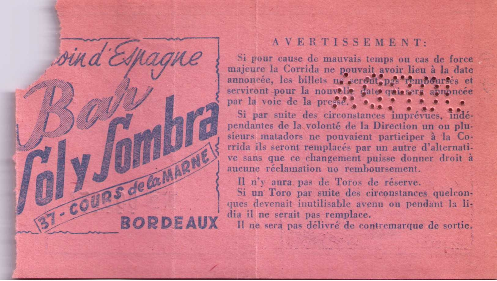 Billet De Corrida Du  06/10/1957 Arènes De BORDEAUX 33 - Scans Recto-verso - Tickets D'entrée