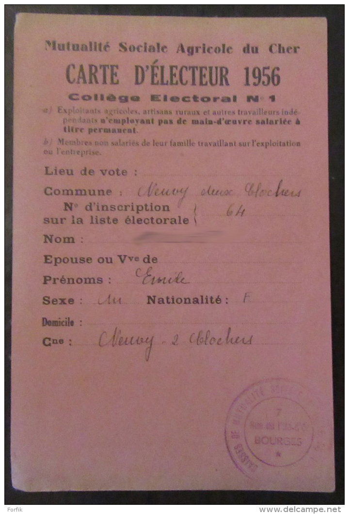 Carte D'électeur 1956 - Mutualité Sociale Agricole Du Cher - Bourges - Documents Historiques