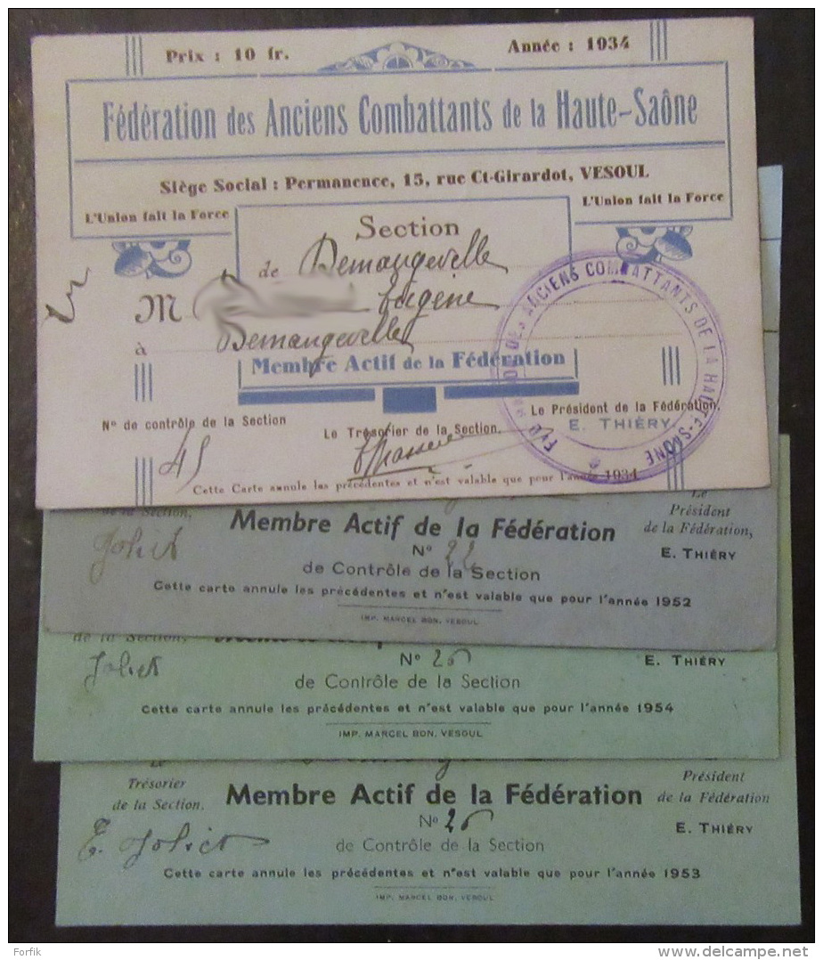 Lot De 4 Cartes D'ancien Combattant De La Haute-Saône - 1934, 1952, 1953, 1954 - Documents Historiques