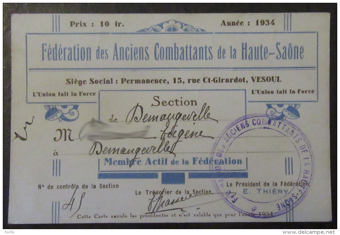 Lot De 4 Cartes D'ancien Combattant De La Haute-Saône - 1934, 1952, 1953, 1954 - Documents Historiques