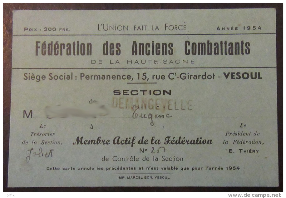 Lot De 4 Cartes D'ancien Combattant De La Haute-Saône - 1934, 1952, 1953, 1954 - Documents Historiques