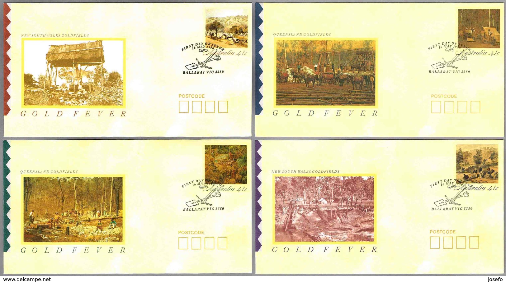 GOLD FEVER IN AUSTRALIA - LA FIEBRE DEL ORO EN AUSTRALIA. Set 4 Covers. Ballarat 1990 - Minerales