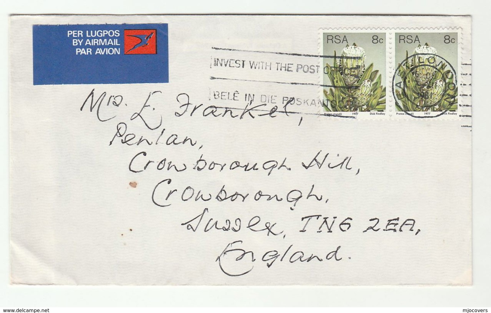 1981 South Africa INVEST WITH THE POST OFFICE Slogan COVER Flower Stamps Air Mail To GB Finance - Lettres & Documents