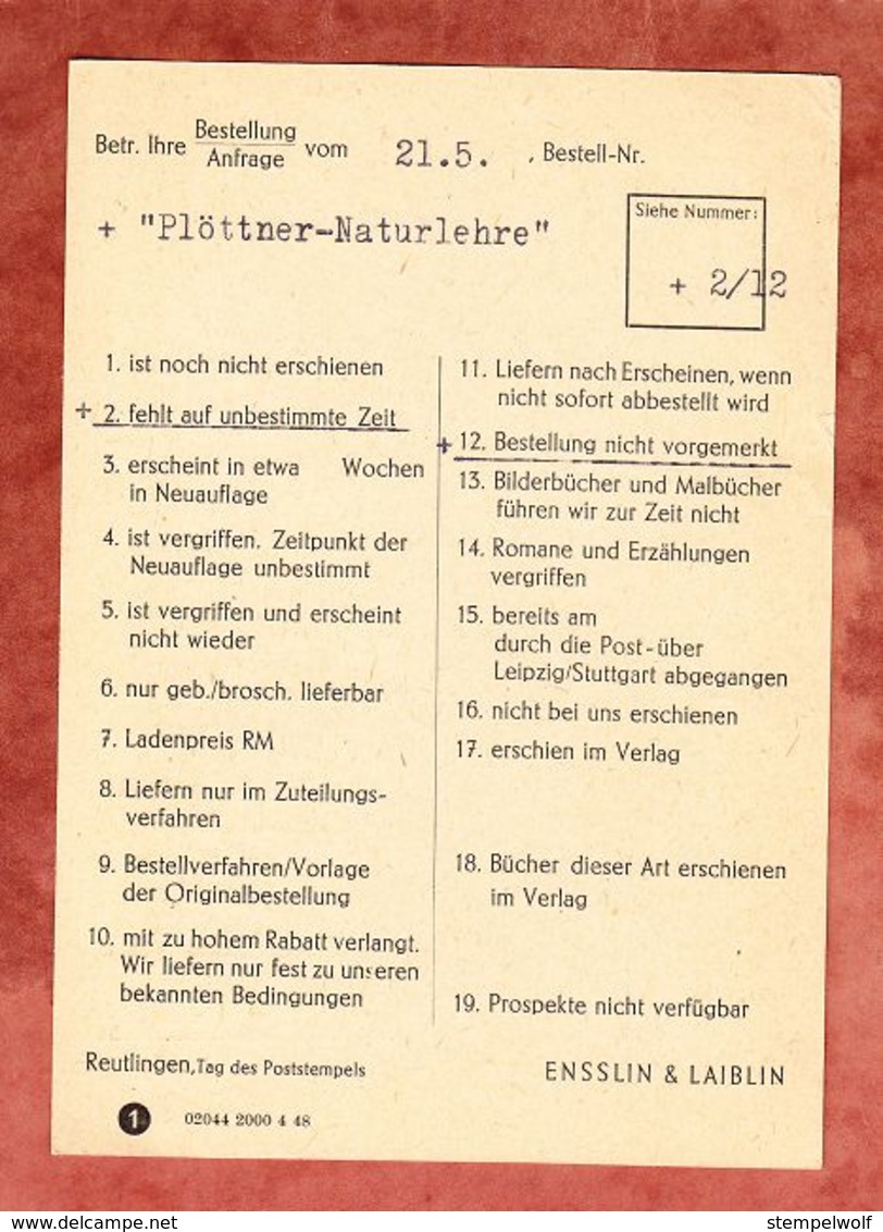 Buecherzettel, Absenderfreistempel Ensslin & Laiblin Reutlingen, Nach Fessenbach 1948 (54691) - Sonstige & Ohne Zuordnung