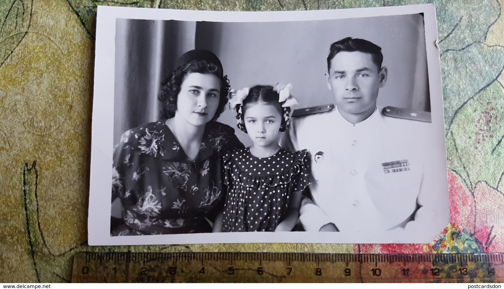 USSR Officer With Family - Military Parade Uniform - Real Old Soviet Photo Postcard 1950s / Fille Fillette - Guerra 1939-45