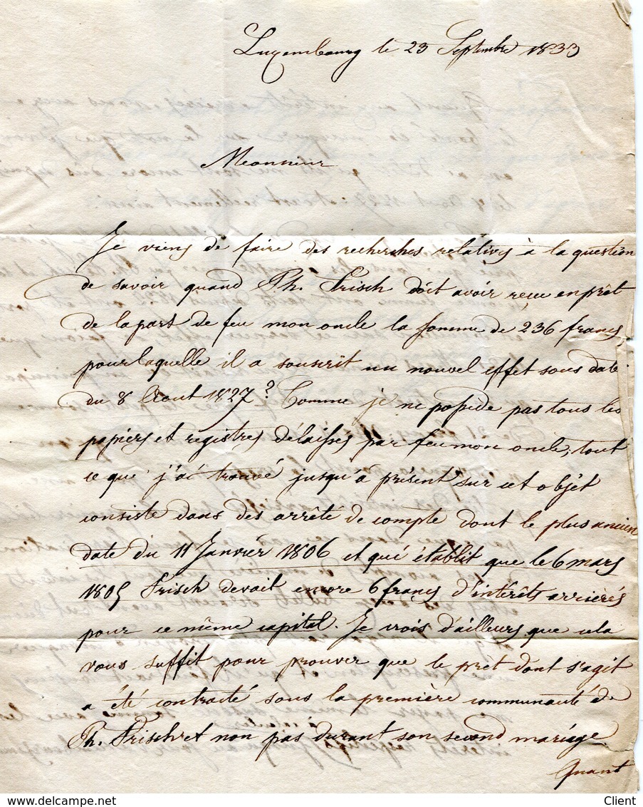 Luxembourg - Lettre Préphilatélie 1833 - Pour Le Notaire Grass à Aubange Avec Cachet EICH - ...-1852 Préphilatélie