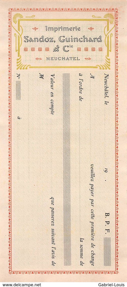 Ordre De Paiement - Imprimerie Sandoz Guinchard Et Cie - Vierge - Neuchâtel (dimensions 26 X 12 Cm) - Switzerland