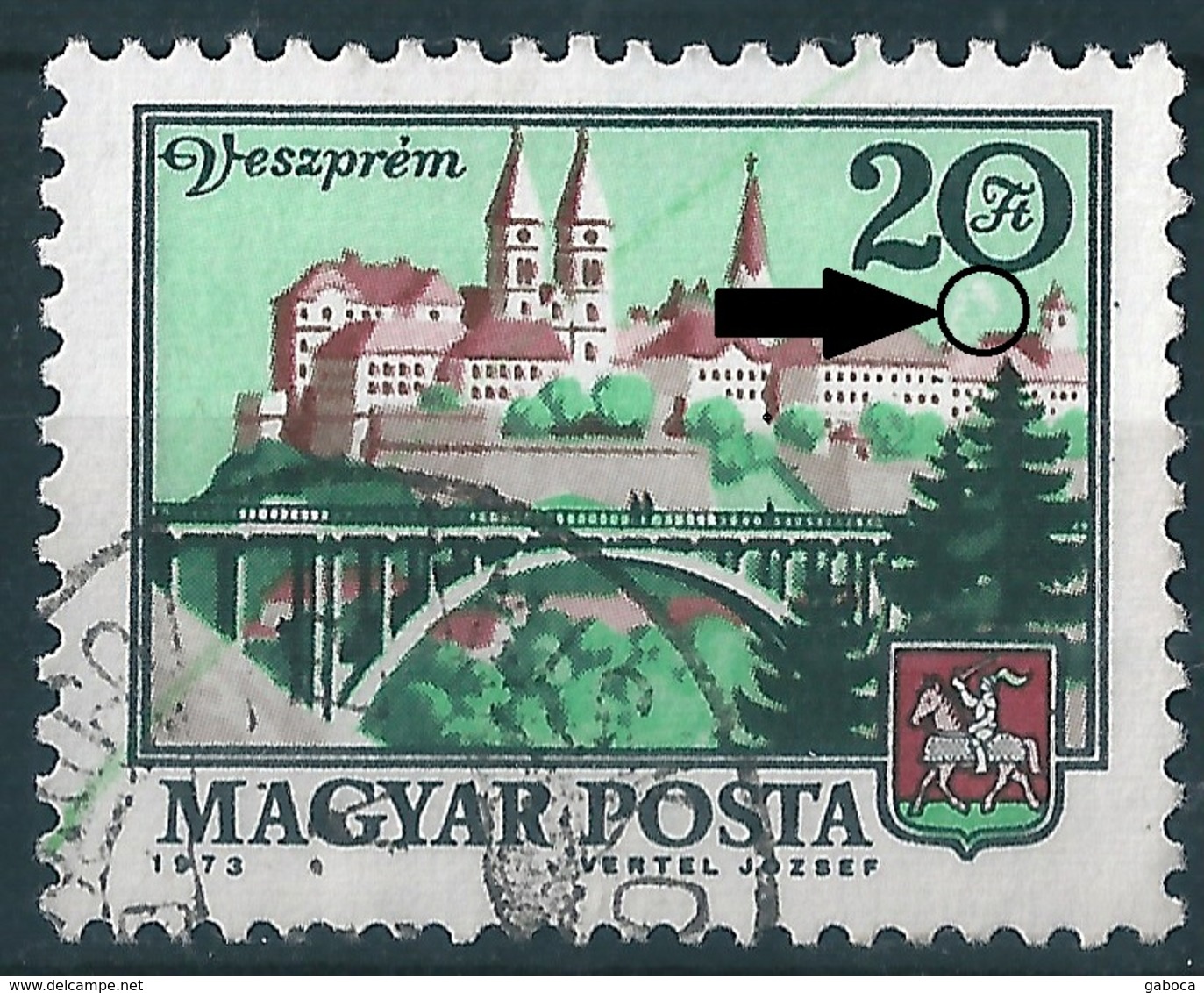 B1933 Hungary Geography City Used ERROR Stain ("Moon") - Errors, Freaks & Oddities (EFO)