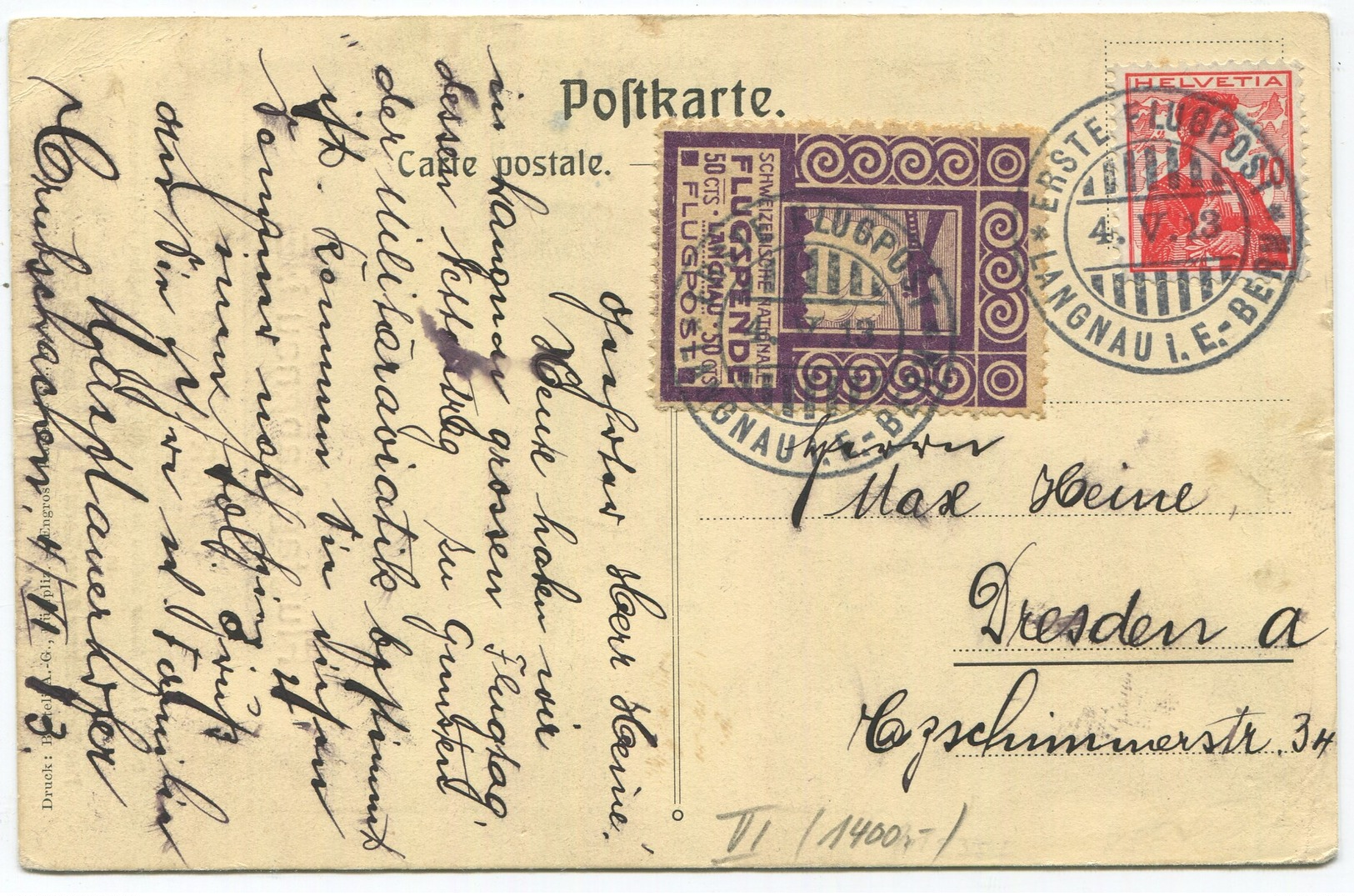 1955 - Pionierflug - Vorläufer LANGNAU Am 4. Mai 1913 Auf Offizieller Postkarte Mit Zudruck Flugtag Langnau I.E. - Premiers Vols