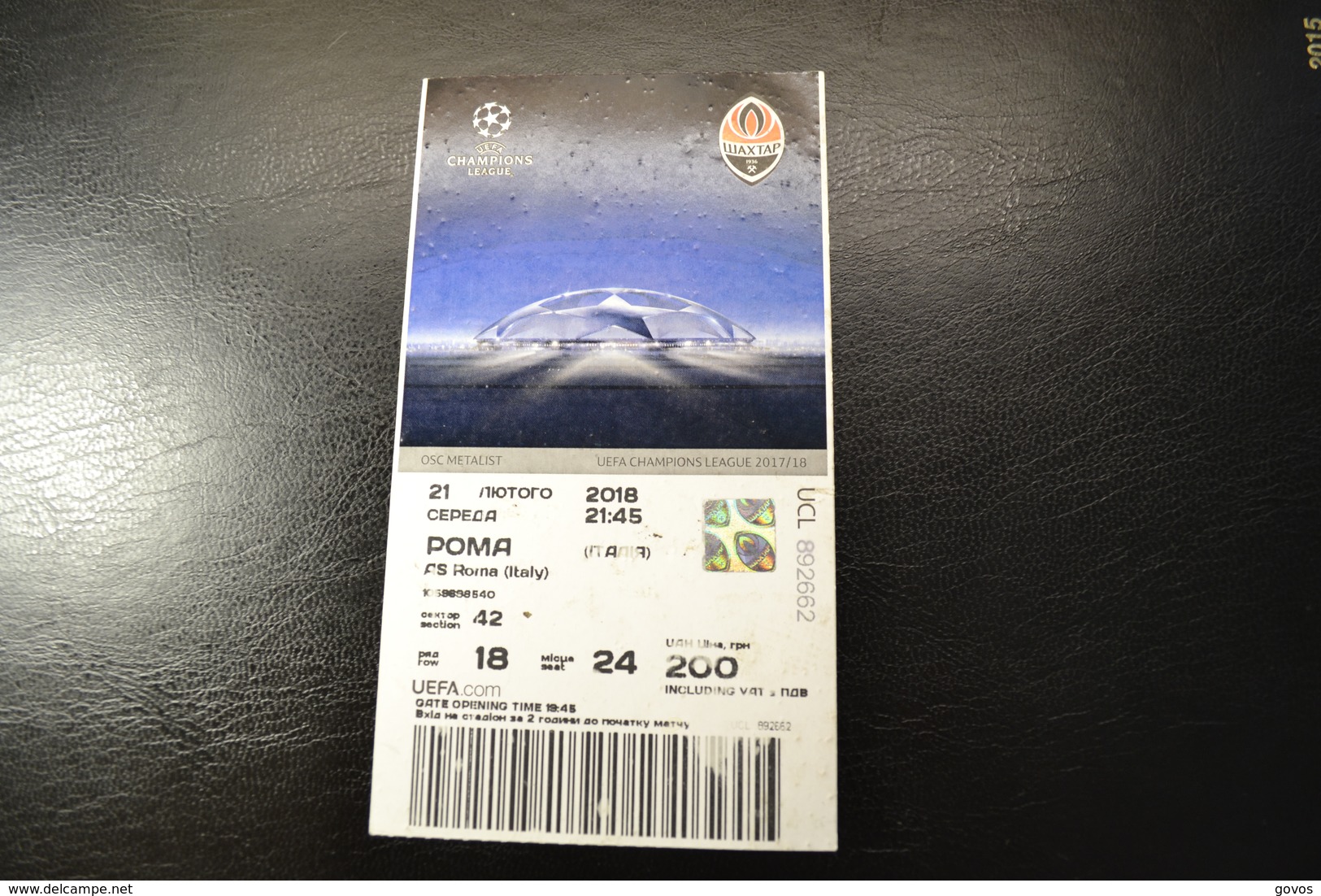 Ticket For Champions League Match Shakhtar - Roma - Other & Unclassified